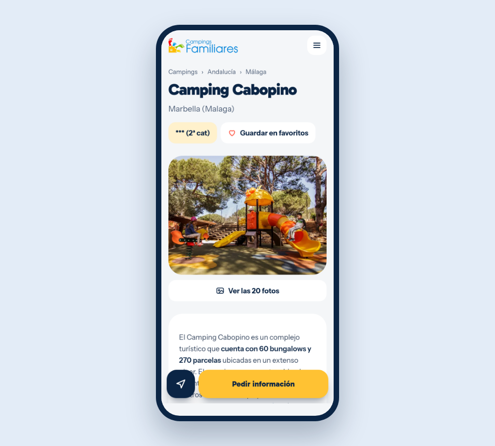 Ficha del Camping Cabopino en el móvil, con galería y botón Pedir información