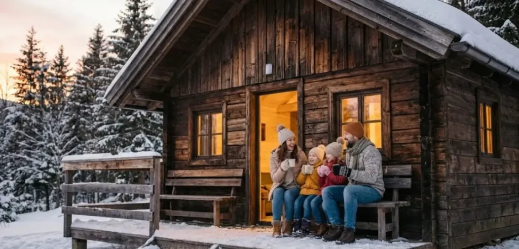 Familia en un bungalow en un camping típico en invierno.