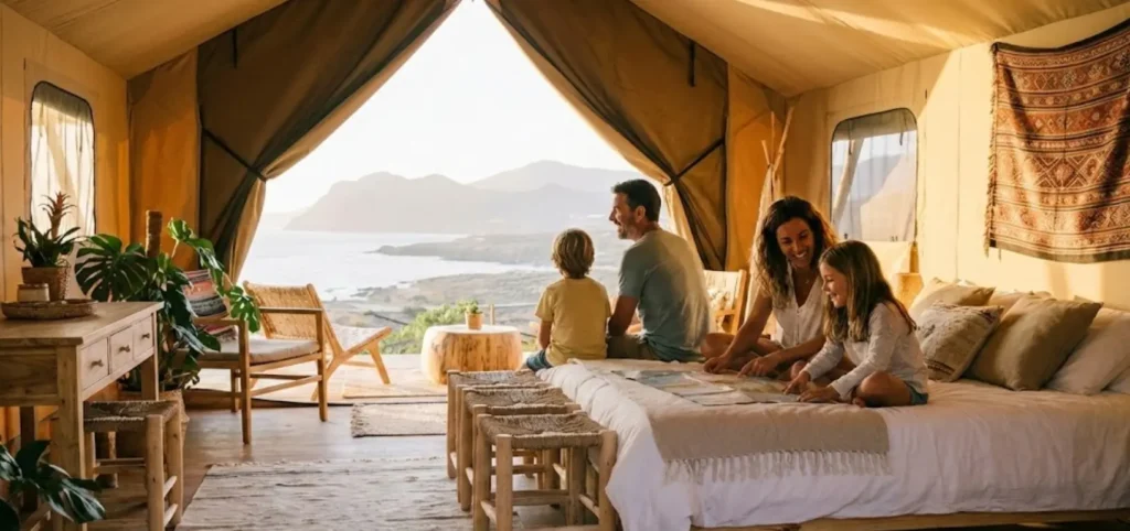 Fotografía de una familia en una campaña glamping frente al mar