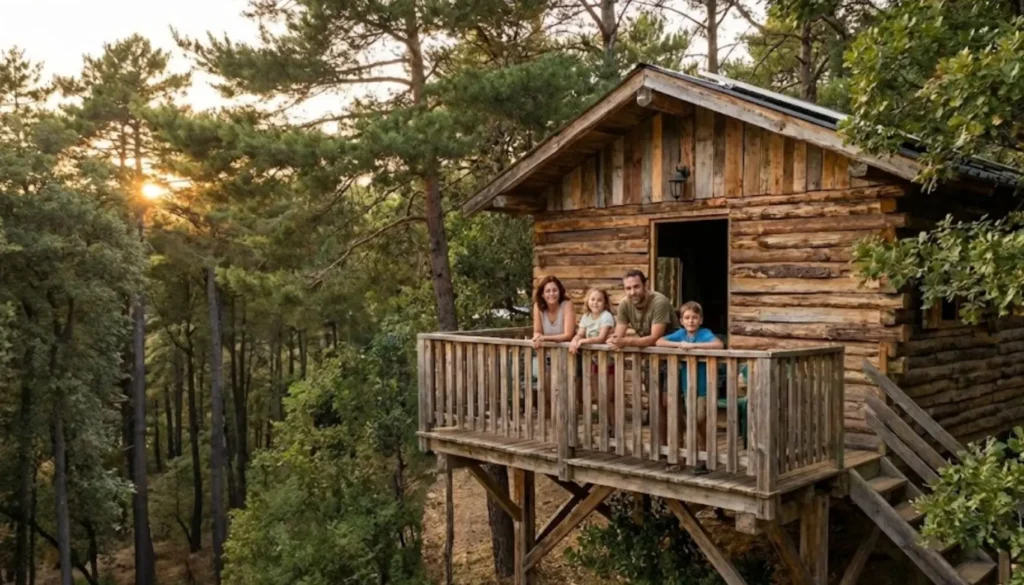 Familia en una cabaña de tipo casa arbol en un camping de montaña