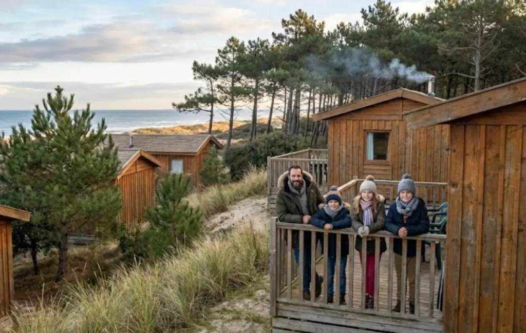 Fotografía de un camping cerca de la playa con bungalows en invierno